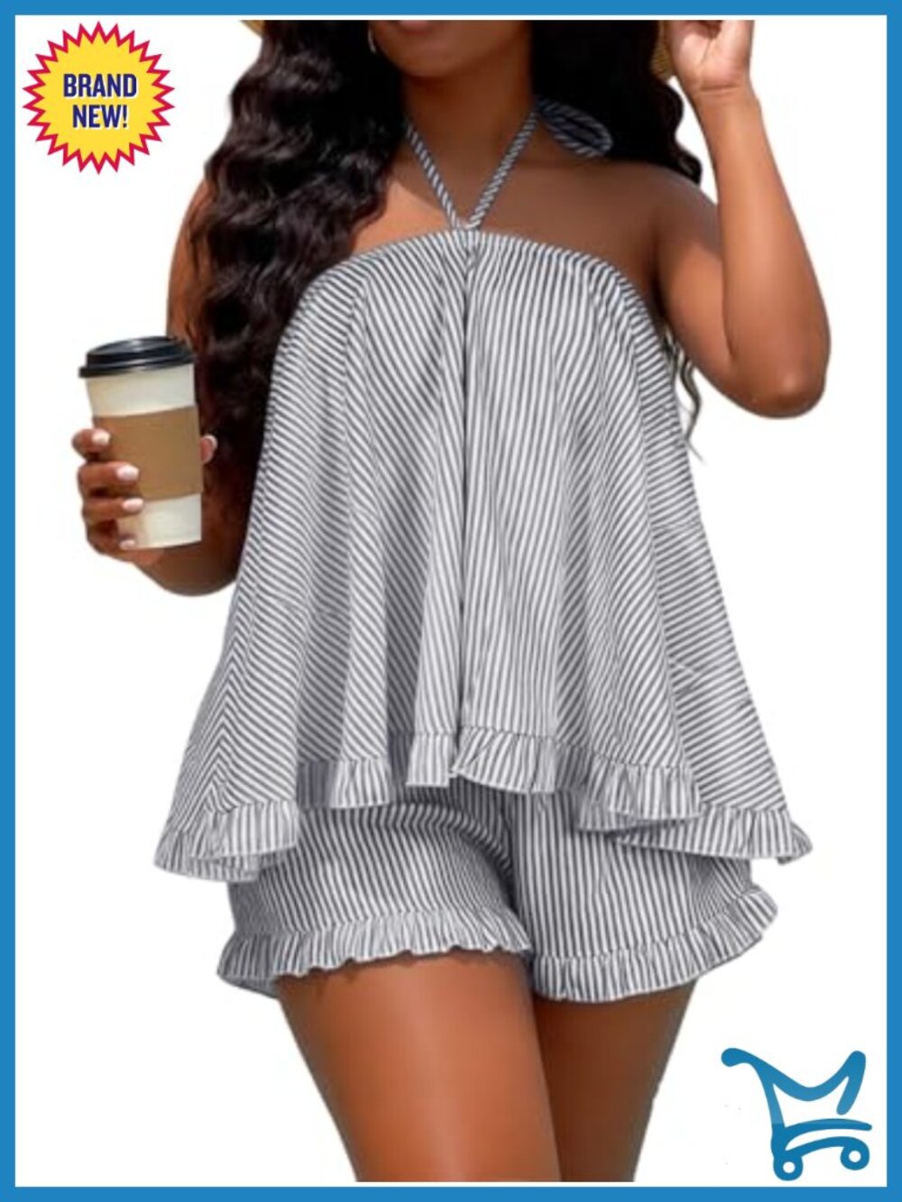 Women's 2 Piece Short Set Halter Striped Ruffle Top Casual Vacation Outfit